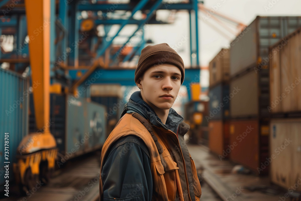 portrait of young port worker in shipping points at ports, international shipping products and logistic portrait of young port worker in shipping points at ports, international shipping products and logistic