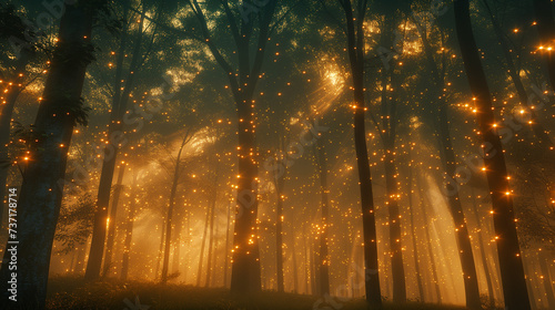 Wisps of ephemeral mist weaving through a forest of glowing trees, their branches reaching towards the heavens. photo