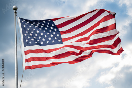 American flag waving proudly against a blue sky, representing patriotism, freedom, and national pride.