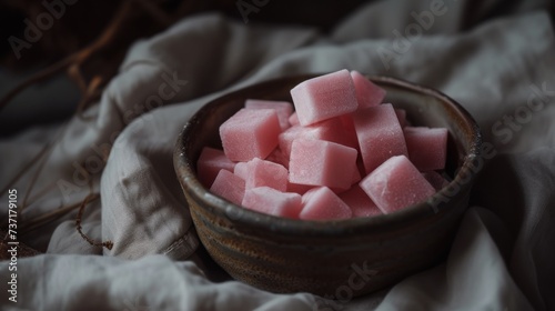 a wooden bowl filled with watermelon cubes on top of a white linen covered table cloth on top of a bed.