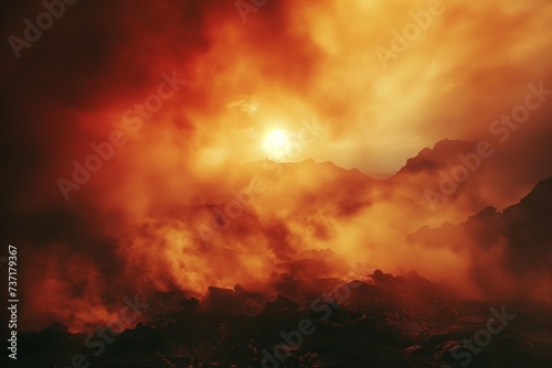 A smoky landscape of orange and red with a dark silhouette of a mountain