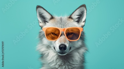 Creative animal concept. Wolf in sunglass shade glasses isolated on solid pastel background, commercial, editorial advertisement, surreal surrealism