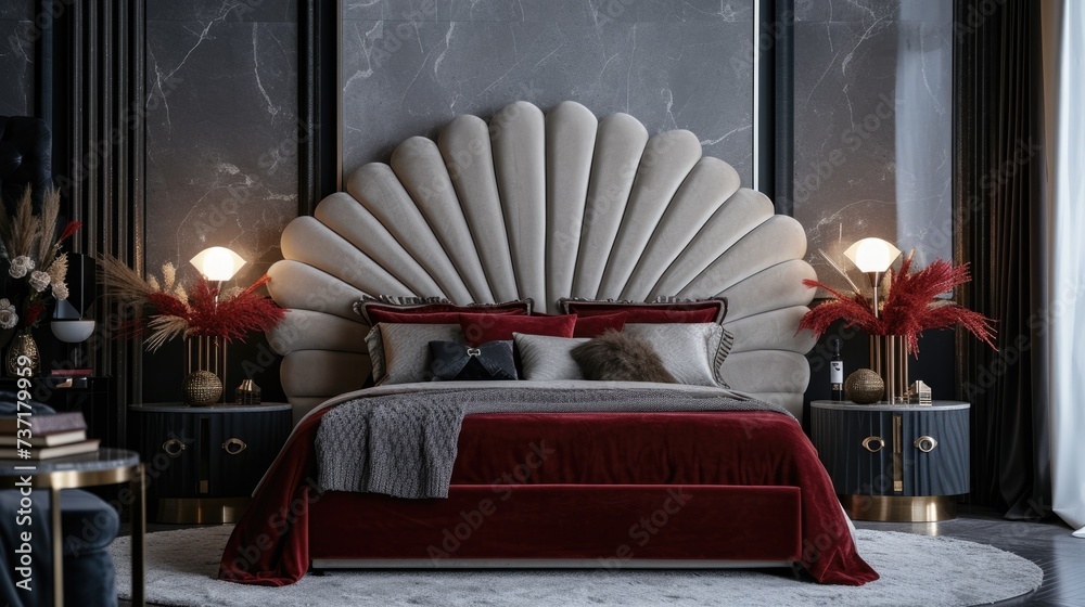 This image showcases a sophisticated bedroom featuring a large bed with ...