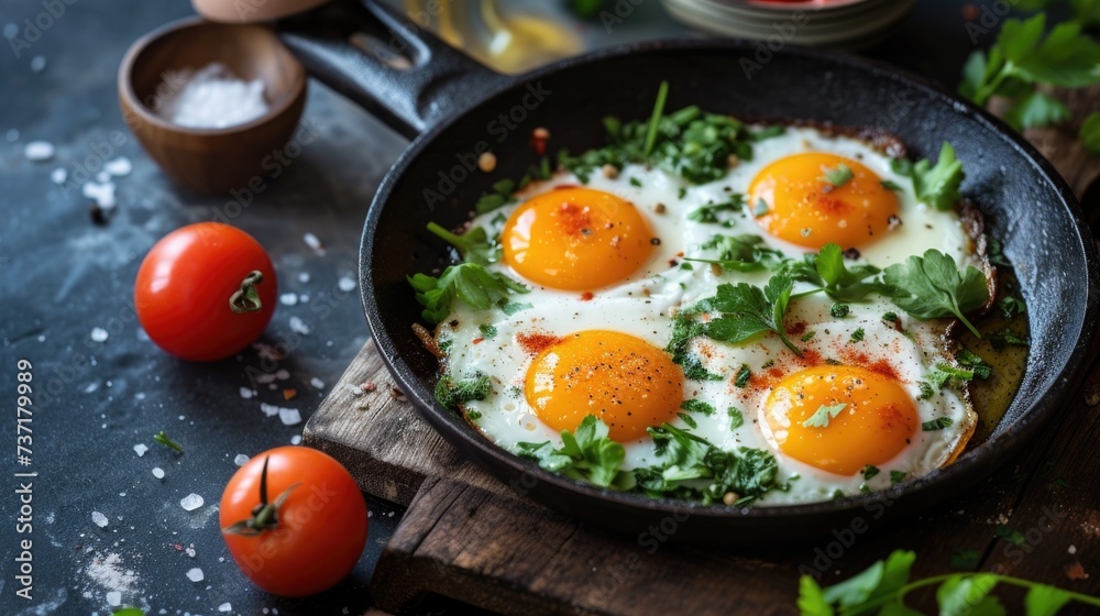 The image showcases a rustic setting with a cast-iron skillet on a wooden surface containing four perfectly cooked sunny side up eggs. The eggs are garnished with fresh green herbs, most likely parsle The image showcases a rustic setting with a cast-iron skillet on a wooden surface containing four perfectly cooked sunny side up eggs. The eggs are garnished with fresh green herbs, most likely parsle