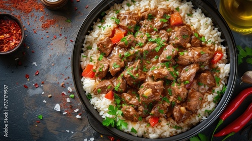 The image showcases a mouth-watering beef stew with tender chunks of meat and diced red bell peppers, neatly served on a bed of fluffy white rice in a black bowl. The dish is garnished with chopped pa