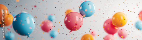 Amidst a backdrop of gradient hues, the sight of vibrant balloons intermingled with sparkling confetti conjures up feelings of festive merriment and exuberant joy. Perfect for simple poster layout. photo
