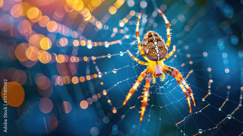 a close up of a spider on it's web in the middle of a blurry image of lights. a close up of a spider on it's web in the middle of a blurry image of lights.
