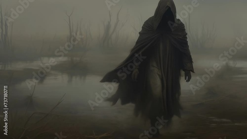 A spectral figure wearing a garb of dark smoke and ash its face lost in a swirling Fantasy art concept. .