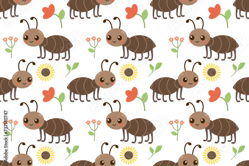 Seamless vector pattern with cute ant character. Funny insect on white ,flat doodle style for children and newborn fabric or over paper print. © irina