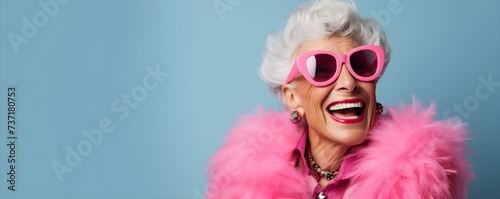 Senior woman embraces fashion and poses for humorous portraits Funny portraits of an elegant elderly woman for a special event blurred backgroundcopy space solid background --ar --v - relaxed stea