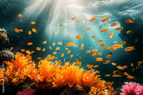 Stunning underwater scene with vibrant coral and school of tropical fish swimming in sunlit ocean water. © apratim