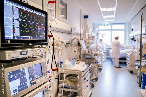 A modern hospital intensive care unit with advanced medical equipment and a healthcare professional tending to patients. photo