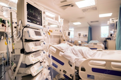An image of a hospital room with medical equipment and patient bed, showcasing healthcare technology and patient care.