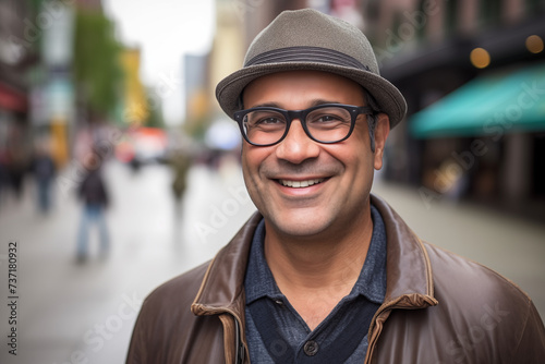 portrait of a smiling middle aged man from South America or the Mediterainan region wearing a hat