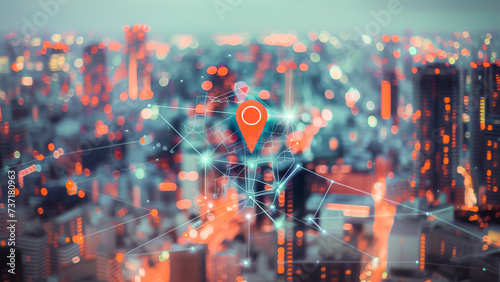 An abstract cityscape with digital network connections and a location pin symbolizing urban technology and smart city concept. photo