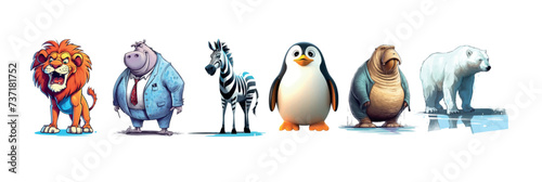 Colorful and Animated Collection of Animals: Vibrant Lion, Formal Hippopotamus, Striped Zebra, Cute Penguin, Tusked Walrus, Polar Bear photo