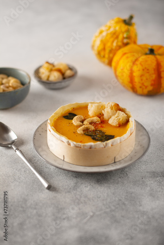 Tasty appetizing pumpkin soup with creamy silky texture decorated with seeds, nuts and croutons in camembert cheese for single serving.