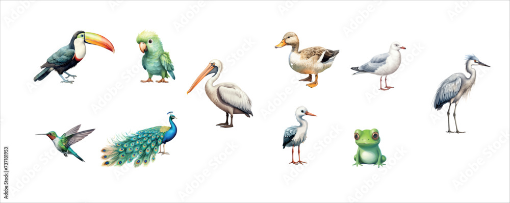 Diverse Collection of Beautifully Illustrated Exotic Birds and a Frog in Various