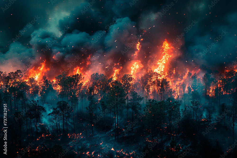 Raging wildfire consuming the dense foliage of a forest, with towering flames illuminating the night sky and billowing smoke darkening the horizon