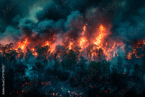 Raging wildfire consuming the dense foliage of a forest, with towering flames illuminating the night sky and billowing smoke darkening the horizon photo