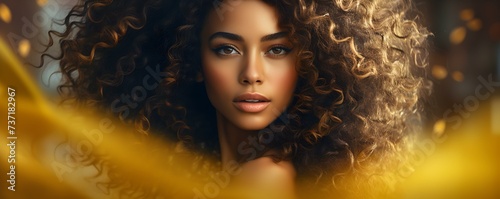 A stunning Voguestyle close-up of a woman with long curly hair- Stunning woman with luscious curly hair showcased in Vogue style blurred backgroundcopy space solid background --ar  --v  -  relaxed st