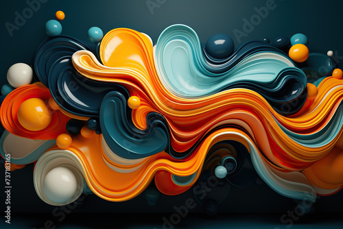 Abstract modern blue background with 3D elements in the form of spheres and colored waves. Generated by artificial intelligence