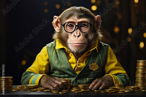 cool gorilla with glasses counting gold coins in his office