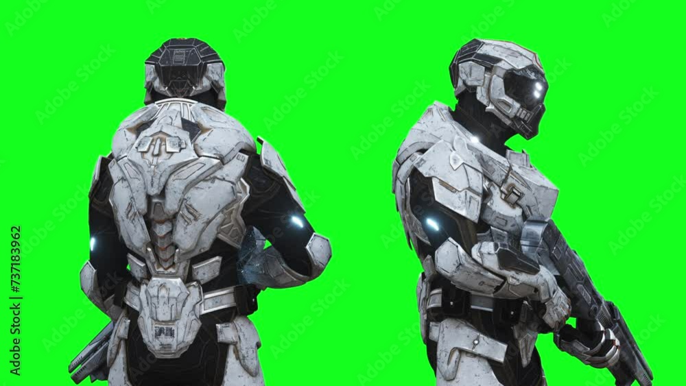 Military futuristic cyborg, robot. Realistic 4k green screen animation.