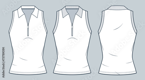 Slim Fit Top technical fashion illustration. Half Zip Top fashion flat technical drawing template, polo collar, front and back view, white, women, men, unosex CAD mockup set.