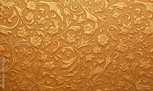 background embossed floral embossing on gold, voluminous wallpaper oriental ornament