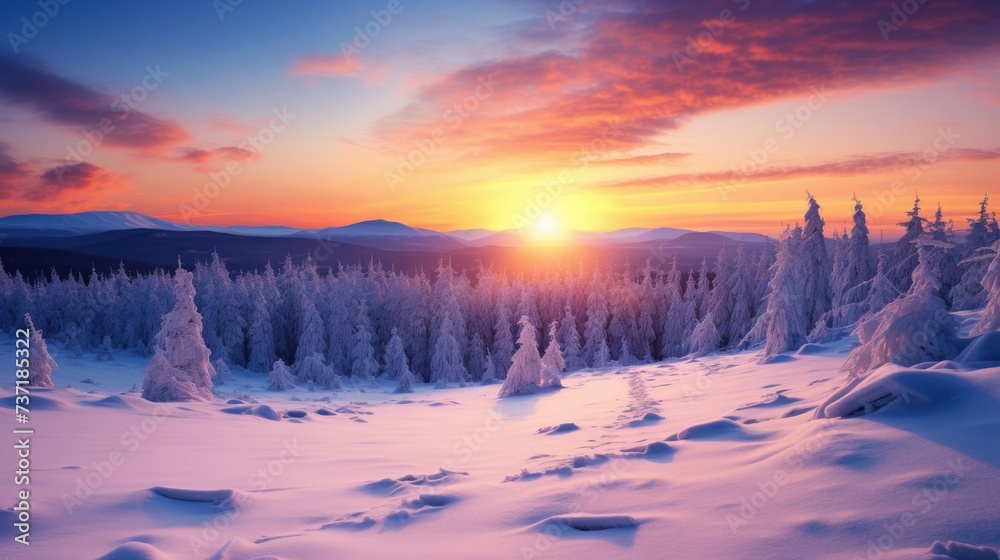 Fantastic winter landscape. Dramatic sunset over the snowy forest. Winter landscape wallpaper with pine forest covered with snow and scenic sky at sunset Fantastic winter landscape. Dramatic sunset over the snowy forest. Winter landscape wallpaper with pine forest covered with snow and scenic sky at sunset