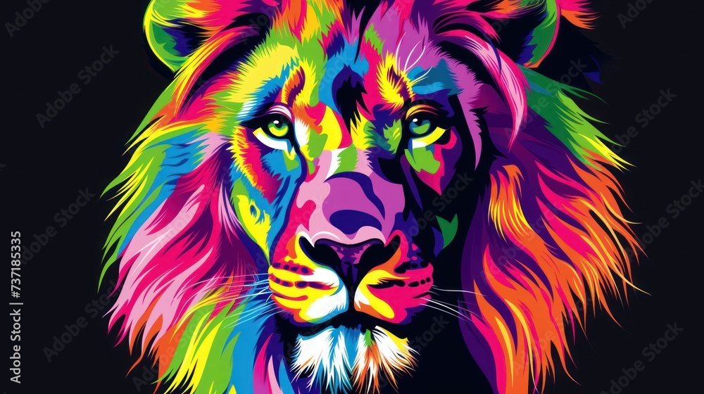 a close up of a colorful lion's face on a black background with the colors of the rainbow on the lion's face.