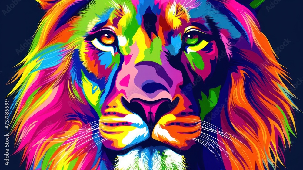 a close up of a lion's face with multicolored paint on it's face and a black background. a close up of a lion's face with multicolored paint on it's face and a black background.