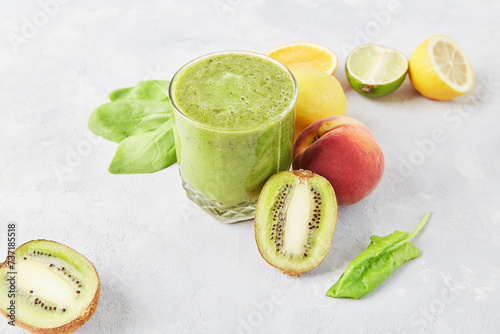 Glass with fresh green smoothie. Vegan, healthy eating, KETO, plant-based diet