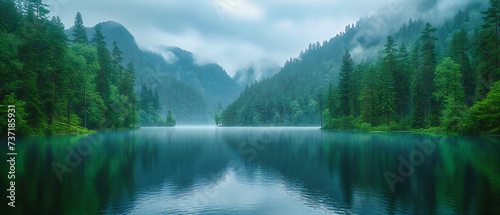 Wilderness whisper, a foggy forest scene by a lake, where the quiet majesty of nature speaks in hushed tones