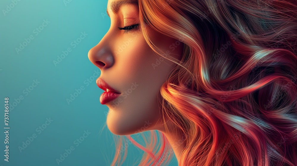 Brunette girl with long and curly hair. Beautiful redheaded model woman