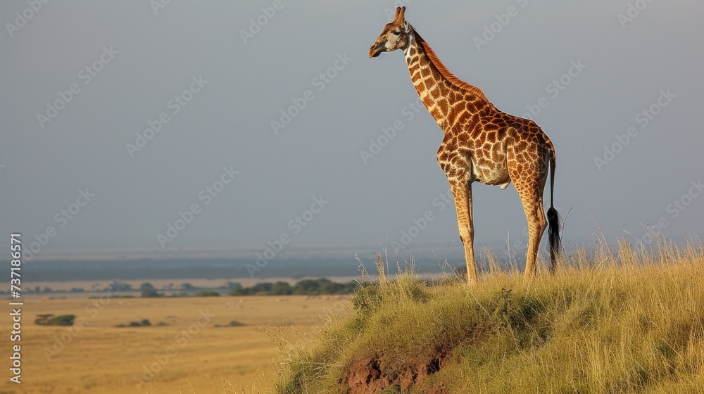 Fototapeta premium a tall giraffe standing on top of a dry grass covered field next to a dry grass covered hillside.