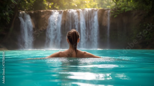 spa shower under tropical waterfall, woman in water