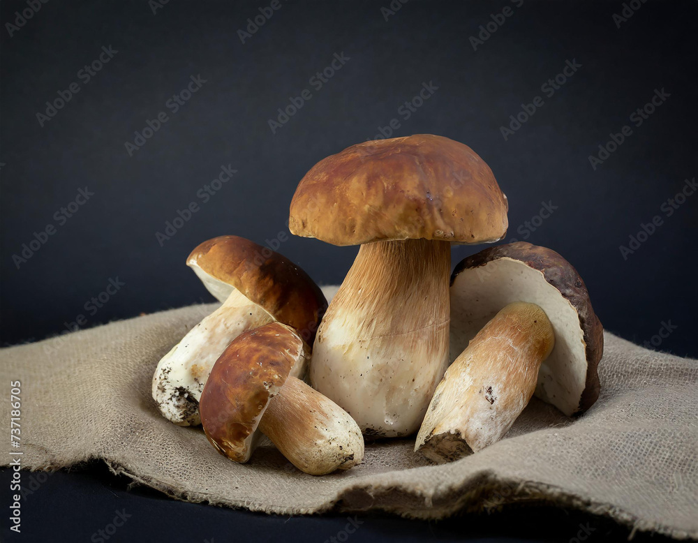 Fototapeta premium boletus mushrooms on eco fabric, product photography, food, restaurant, macro, black background