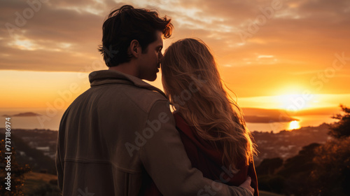 Romantic couple embracing during sunset overlooking scenic landscape © Robert Kneschke