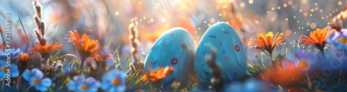 two blue easter eggs are in a field of flowers, in the style of confetti-like dots, light orange and light azure, nightcore, captivating, eye-catching, heistcore, meticulous detailing photo