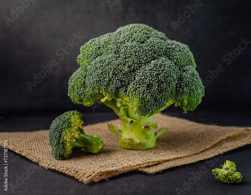 broccoli on eco fabric, product photography, food, restaurant, macro, black background