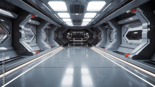 Futuristic spaceship corridor with sleek design and modern lighting