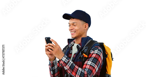 Hiking, smile and man reading with phone, internet or typing isolated on transparent png background. Person, trekking and smartphone for social media, technology or mobile app to travel on adventure © Heyt/peopleimages.com