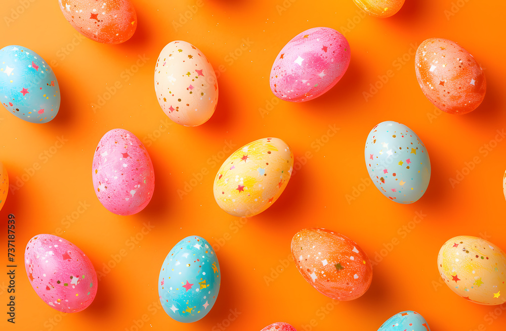 Colorful Easter Eggs Adorned with Floral Patterns on a Vibrant Orange Background