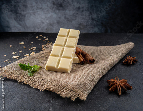 whitechocolate  placed on eco fabric, product photography, food, restaurant, macro, black background photo