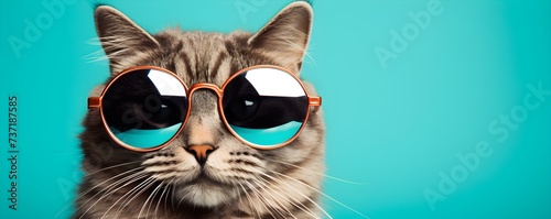 Closeup portrait of a cat with sunglasses on light cyan background blurred backgroundcopy space solid background --ar  --v  -  relaxed stealth. Concept Cat with Sunglasses, Closeup Portrait photo