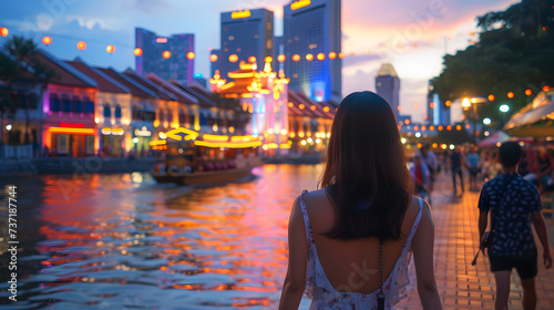 A photo of a woman walking along the Singapore River, with the Boat Quay and Clarke Quay in the background and a traditional bumboat passing by. photo