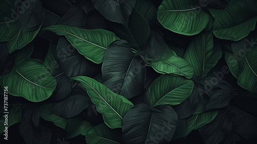 Lush green tropical leaves in dark moody nature setting