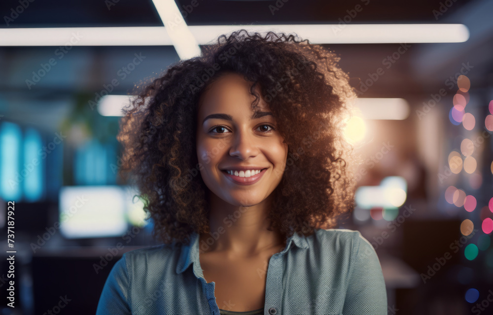 Confident young woman with curly hair smiling in modern office setting Confident young woman with curly hair smiling in modern office setting